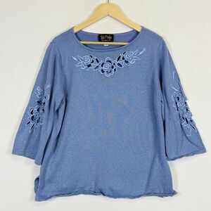 Bob Mackie Wearable Art‎ Blue Glitter Embroidered Cut Out Sweater Women's XL